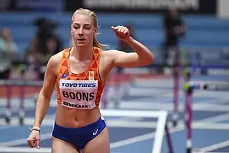 Eefje Boons in actie op de WK indoor van 2018, Birmingham.