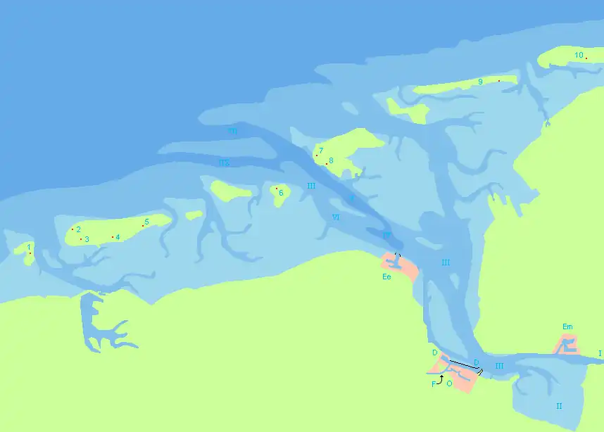 Kaart van de Eemsmonding met de haven van Delfzijl (D), Farmsumerhaven (F), Oosterhornhaven (O), Eemshaven (Ee) en de Haven van Emden (Em), samen met de 6 vuurtorens en 4 kapen van dit gebied. De waternamen zijn: I = Ems (Eems in Duitsland), II = Dollard, III = Eems, IV = Dukegat, V = Randzelgat (geul), VI = Oude Westereems (geul), VII = Westereems (geul), IIX = Huibertgat (geul).