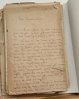 Eerste pagina van manuscript "Een revolverschot" (Virginie Loveling).