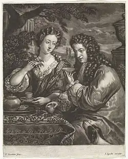 Man en vrouw drinken koffie of thee in een tuin, door Jan Broedelet