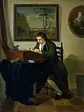Interieur met een man schrijvend aan een lessenaar op een tafel (1784)