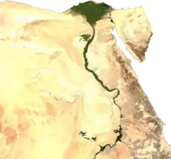 Groen geïrrigeerd land langs de Nijl te midden van de woestijn