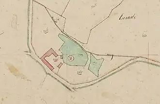 Einrade op de kadastrale kaart van 1829, met het vermoedelijke kasteeleiland in de westelijke vijver.