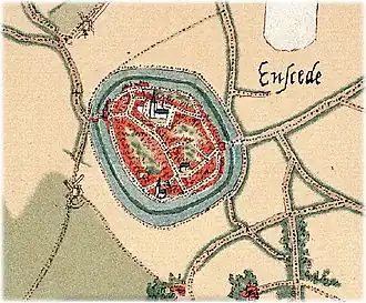 Enschede in 1560-1570 volgens Jacob van Deventer, met de dubbele gracht en twee stadspoorten