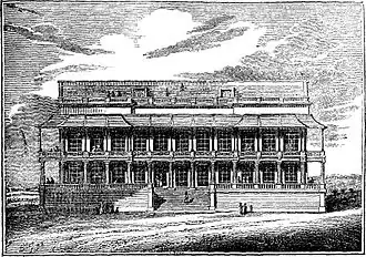 De nieuwe tribune van de Epsom Downs Racecourse in 1829