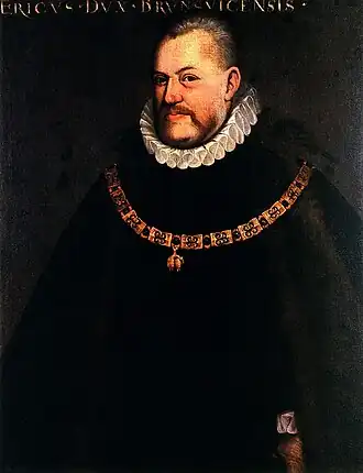 Hertog Erik van Brunswijk met de keten van de Orde van het Gulden Vlies, hem in 1573 toegekend door Filips II van Spanje vanwege zijn verdiensten als legeroverste.