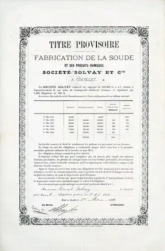 Globaal certificaat voor 100 obligaties nr. 1-100 van Société Solvay & Cie. à 500 frank per stuk, uitgegeven op 1 mei 1874 aan Ernest Solvay en door hem persoonlijk ondertekend als directeur. De obligatie met een rente van 6% en een totaalbedrag van 600.000 frank werd uitgegeven voor de bouw van een fabriek in Dombasle-sur-Meurthe in Frankrijk.