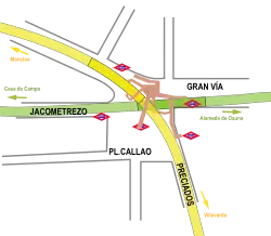 Ligging van de metrolijnen onder de Plaza de Callao