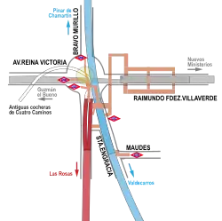 Ligging van de metrolijnen rond Cuatro Caminos