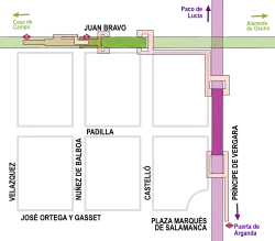 Ligging van de metrolijnen bij Nuñez de Balboa