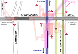 Ligging van de metrolijnen bij station Nuevos Ministerios