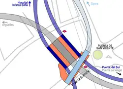 De metrolijnen onder het station (Het noorden ligt links)