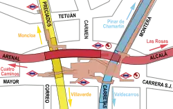 Ligging van de metrolijnen en het station onder de Puerta del Sol