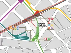 De ligging van de perrons onder de Plaça de Catalunya