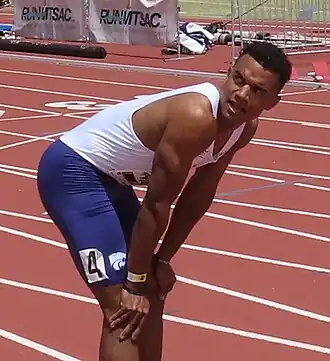 Eugene Omalla na zijn 400 m in 45,80 s bij de Mount SAC Relays 2024 in Walnut, Californië.