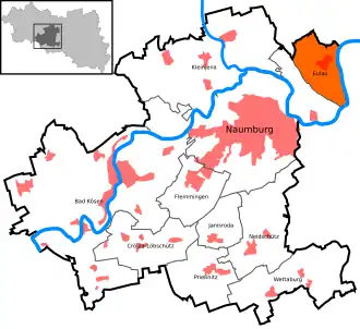 Locatie Eulau (oranje) in de gemeente Naumburg. Schellsitz ligt direct ten zuiden daarvan.
