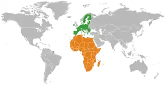 De Afrikaanse Unie (oranje) en de Europese Unie (groen).