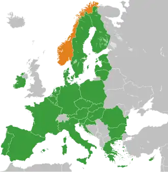 Kaart met daarop Europese Unie en Noorwegen