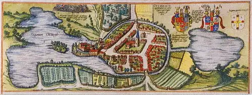 Prent van Eutin door Frans Hogenberg, 1586, kasteel (links) en stad (rechts). Het zuiden is de bovenzijde.