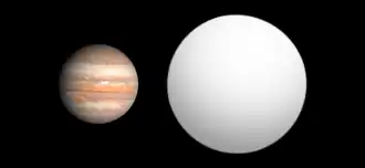 WASP-17b in vergelijking met Jupiter.