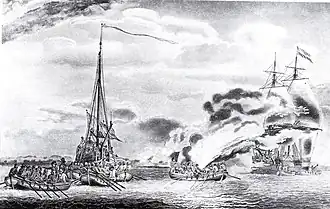 alt="Het afzeilen van de St. Lucie en het boegseeren van het Jagt van voor de Forten Lillo en Liefkenshoek, benevens den Brand in een sloep, veroorzaakt door het geweldig schieten van deze forten." Tekening door: E. Hoogerheyden en C.M. van de Graaf. Uit: Atlas van Stolk No. 5105 I.