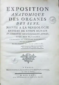 Voorblad van zijn publicatie 'Exposition anatomique des organes des sens', 1775