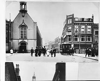 De Visstraat en Waalse Kerk vanaf Visbrug gezien, 1908.