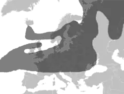 De verspreiding van de vulkanische aswolk boven Europa op 17 april 2010.