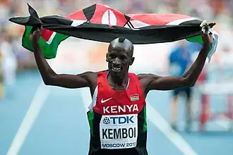 Ezekiel Kemboi na zijn overwinning op de WK van 2013 in Moskou.