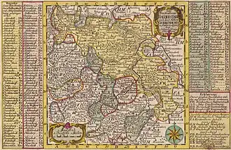 Het prinsbisdom Halberstadt (geel) met eronder Quedlinburg (1750)