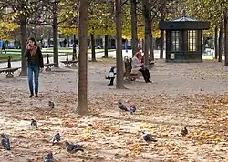 Banken en kiosk onder de bomen