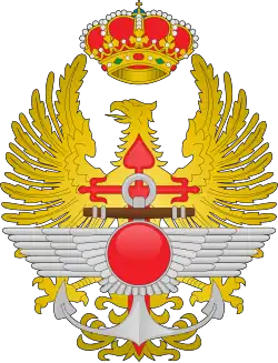 Het embleem van de Spaanse strijdkrachten; gevormd door de samenvoeging van de emblemen van de drie hoofdtakken.