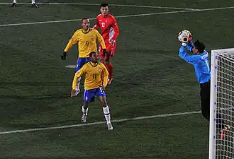 Ri Myong-guk (rechts) in actie op het WK 2010