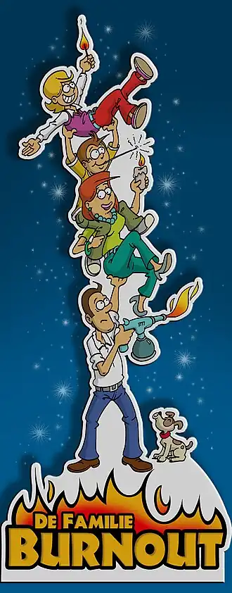 De familie Burnout ten voeten uit: vader Bob, moeder Brenda en de kinderen Bruno en Britt.
