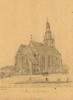 Tekening van de oude kerk door J. Berghuis in 1854, vlak voor de afbraak van de toren