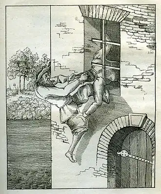 De duivel trekt Faust door het tralieraam naar buiten, illustratie uit de Geldersche Volksalmanak uit 1842