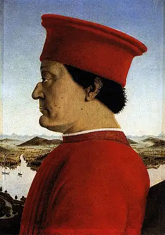 Fedrico da Montefeltro (1465/66) door Piero della Francesca (detail uit Portretten van Federico da Montefeltro en Battista Sforza)
