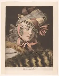 Handgekleurde mezzotinnt. De actrice Lefèvre Felicia door John Raphael Smith