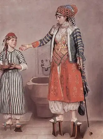 Een westerse vrouw in Turkse kleding met bediende, 1742, Musée d'Art et d'Histoire, Genève