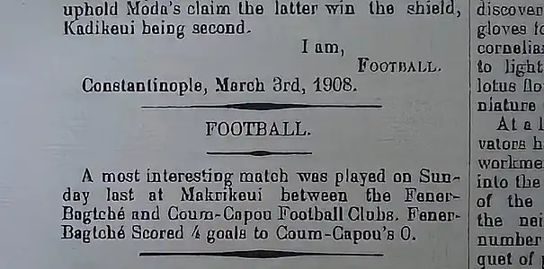 Een nieuwstekst in de krant van de wedstrijd gespeeld door Fenerbahçe op 1 maart 1908