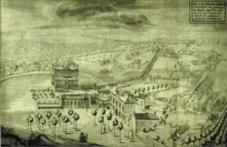 Het Jachthuis van Bosvoorde, met in de voorgrond een vluchtig zelfportret (1752).