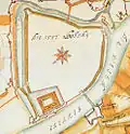 Plattegrond uit 1627 van de stadswallen, forten e.d.