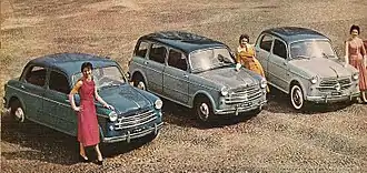 Diverse uitvoeringen van de 1100/103 (1955). Van links naar rechts: Berlina (sedan), Familiare (stationwagen), TV (Turismo Veloce).