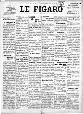 Uitgave van Le Figaro van 4 augustus 1914, de dag na de oorlogsverklaring van Duitsland aan Frankrijk