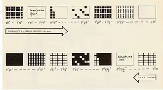 Filmproject 1 (1969): storyboard opening. Filmproject 1 is een korte experimentele film van zes minuten. Het is een onderzoek naar de relaties tussen klank en bewegende beelden. Geluid en beeld worden volgens hetzelfde plan met vergelijkbare methoden gevarieerd in de animatiefilmstudio en de studio voor elektronische muziek. Deze afbeelding toont het storyboard van de opening in 60 seconden en de slotscène in 20 seconden van de film in retrograde beweging, in de verkorting van 3:1.