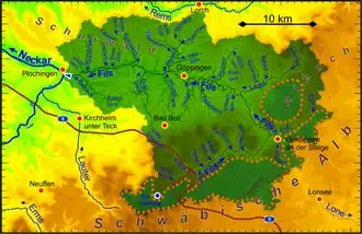 Stroomgebied van de Fils. Geen oppervlakte-afvoer in gearceerde gebieden.