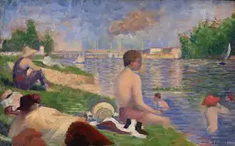 Laatste studie voor de Baders bij Asnières van Georges Seurat, 1883. Het violet is hier vooral te vinden in de waterpartij op de voorgrond en in delen van de lucht.