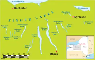 Kaart met daarop de Finger Lakes