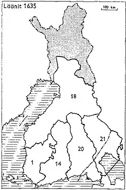 1634 1: Turku en Pori 14: Nyland en Tavastehus 18: Oost-Botnië 20: Viborg en Nyslott 21: Kexholm