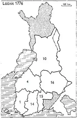 1776 1: Turku en Pori 4: Vaasa 10: Oulu 14: Nyland en Tavastehus 15: Kymmenegård 16: Savolax en Karelia